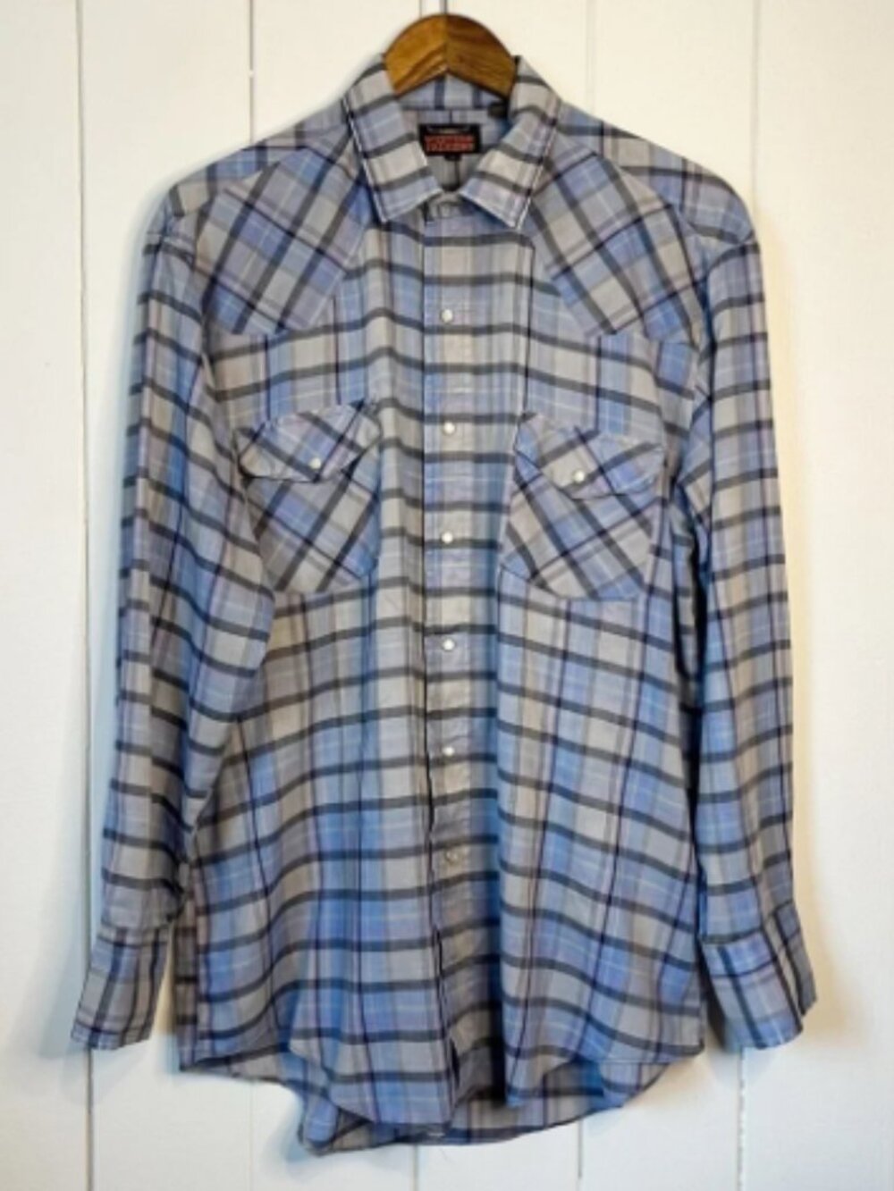 Vintage 80's Western Fashions Light Blue Plaid Button Down Shirt